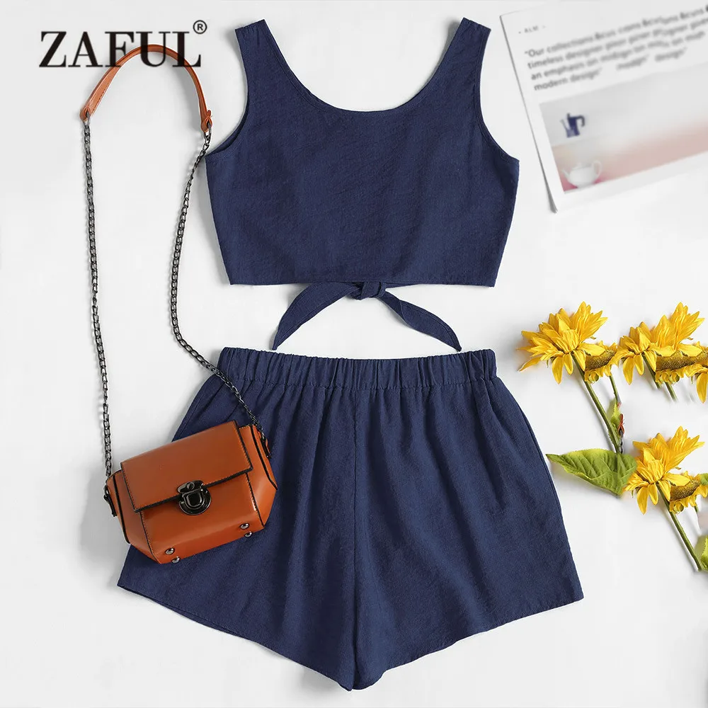 

ZAFUL Beach Two-Piece Suits Button Up Crop Top and Shorts Set Pleated Solid Tie Waist Romper High Waist Sleeveless Swimming Suit