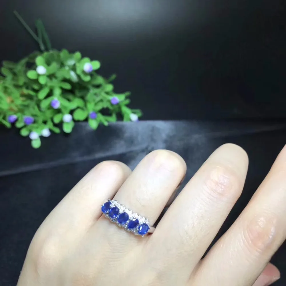 Natural sapphire ring, 925 silver, 5 gemstones, good color, beautiful style