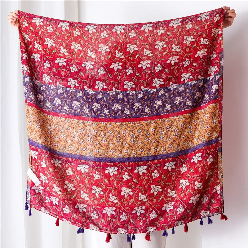 

New African Ombre Floral Cotton Hijab Scarf Maxi Wraps Scarves Headhands Shawls Muslim Long Islamic Spring Summer Tassel Scarves