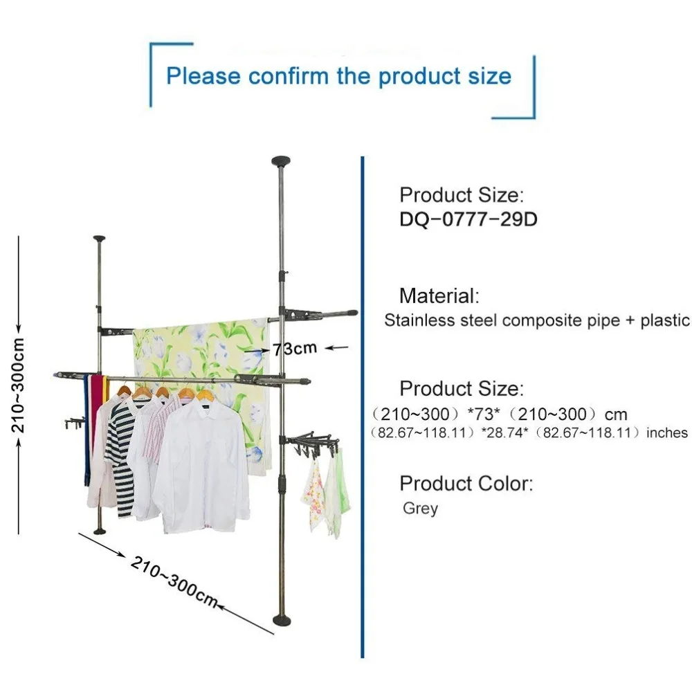 Регулируемая Крытая сушилка для одежды стойка для одежды вешалка для одежды вешалки для сушки от пола до потолка Сушилка+ зажим DQ0777-29D