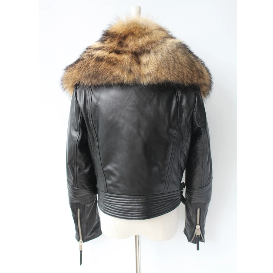 genuine sheepskin leather jacket with real big raccoon fur collar (4)