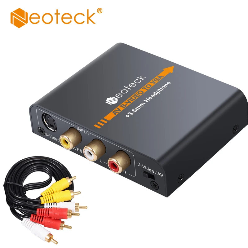 

Neoteck Alloy 3RCA AV CVBS Composite S-Video to VGA Converter AV S-Video to VGA Adapter Upscaler 720P/ 1080P with 3.5mm Jack