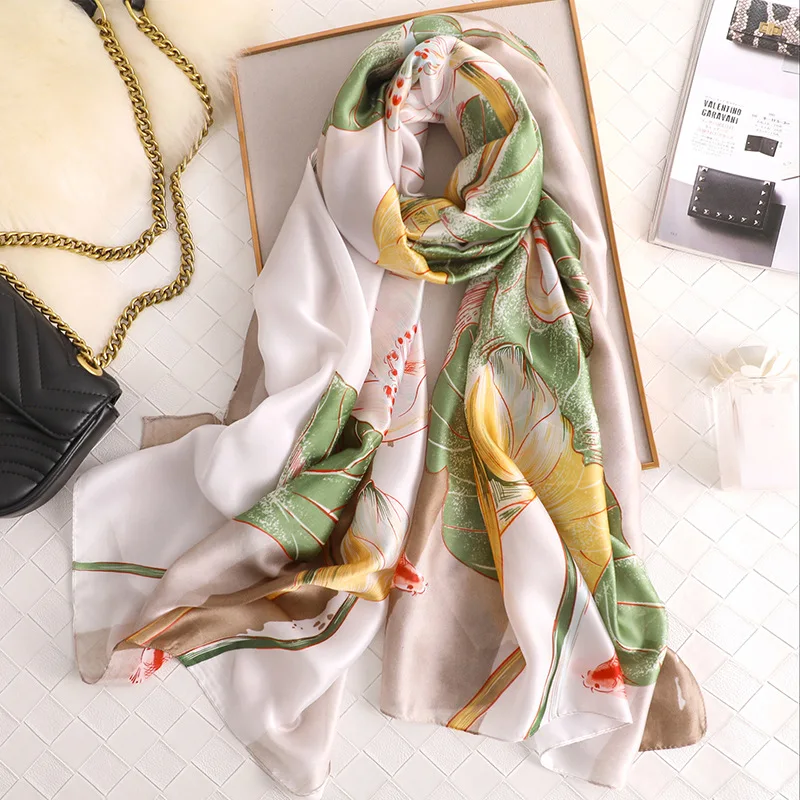 

Silk Scarf for Women Lotus Pattern Sunscreen Scarves Fashion Female Foulard Hijab Travel Pashmina Beach Scarfs 2019 New