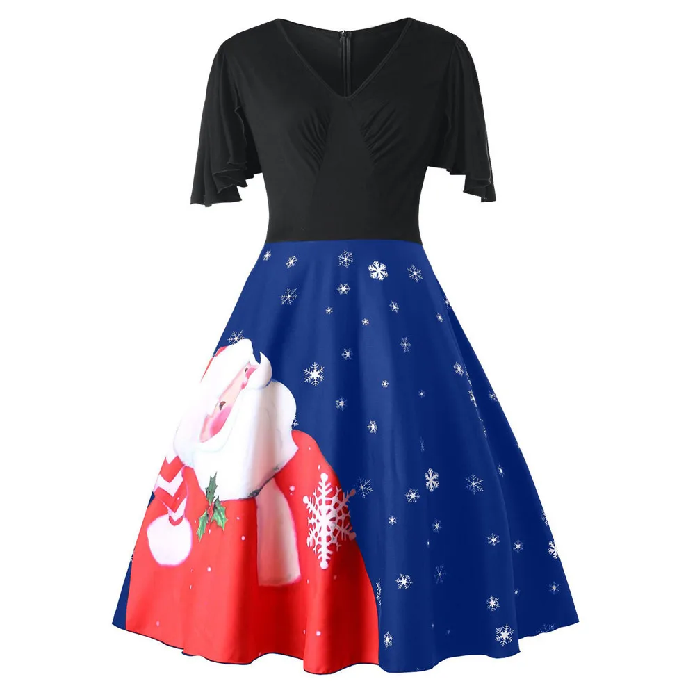 SAGACE Fashion Women Plus Size Christmas Santa Claus V-Neck Party Vintage Swing Dress summer Ruffles Polyester Dress hot July 16