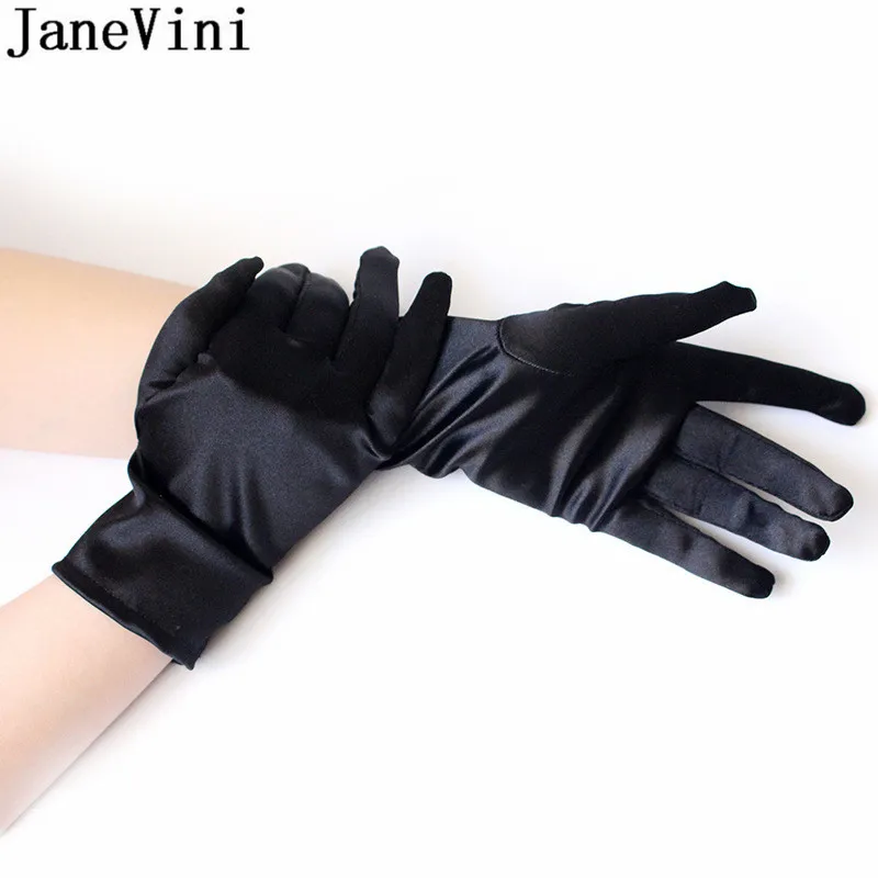 JaneVini Gants Sexy Satin Gloves White Red Black Wedding Glove Full Finger Short Wrist Length Bridal Gloves Bride Women Glives