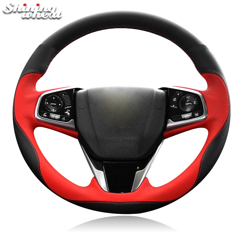 Shining Wheat Black Red Genuine Leather Car Steering Wheel Cover For