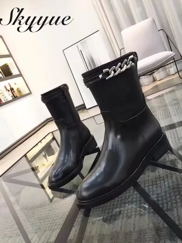 

SKYYUE New Genuine Leather Metal Chain Cool Boots Round Toe Zip Side Low Heel Autumn Winter Boots Sheos Women