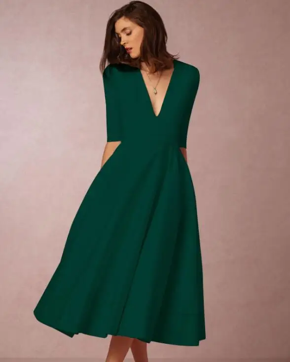 JuneLove женское весеннее Платье макси с v-образным вырезом, винтажное женское длинное платье с коротким рукавом, повседневное ретро платье для вечеринки, vestidos размера плюс - Цвет: Зеленый