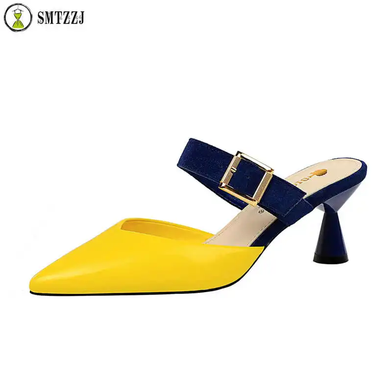 

2019 Brand Leather Spike Heels Yellow blue Black Casual Women Slides 2019 Summer Lady Female Mid Heels Slippers Pointed Shoes