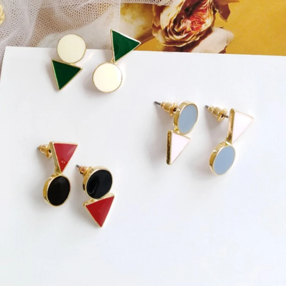 

Chadestinty Geometric Earing For Women Simple Round Triangle Stud Earrings Enamel Blue White Red Earings Female Jewelry