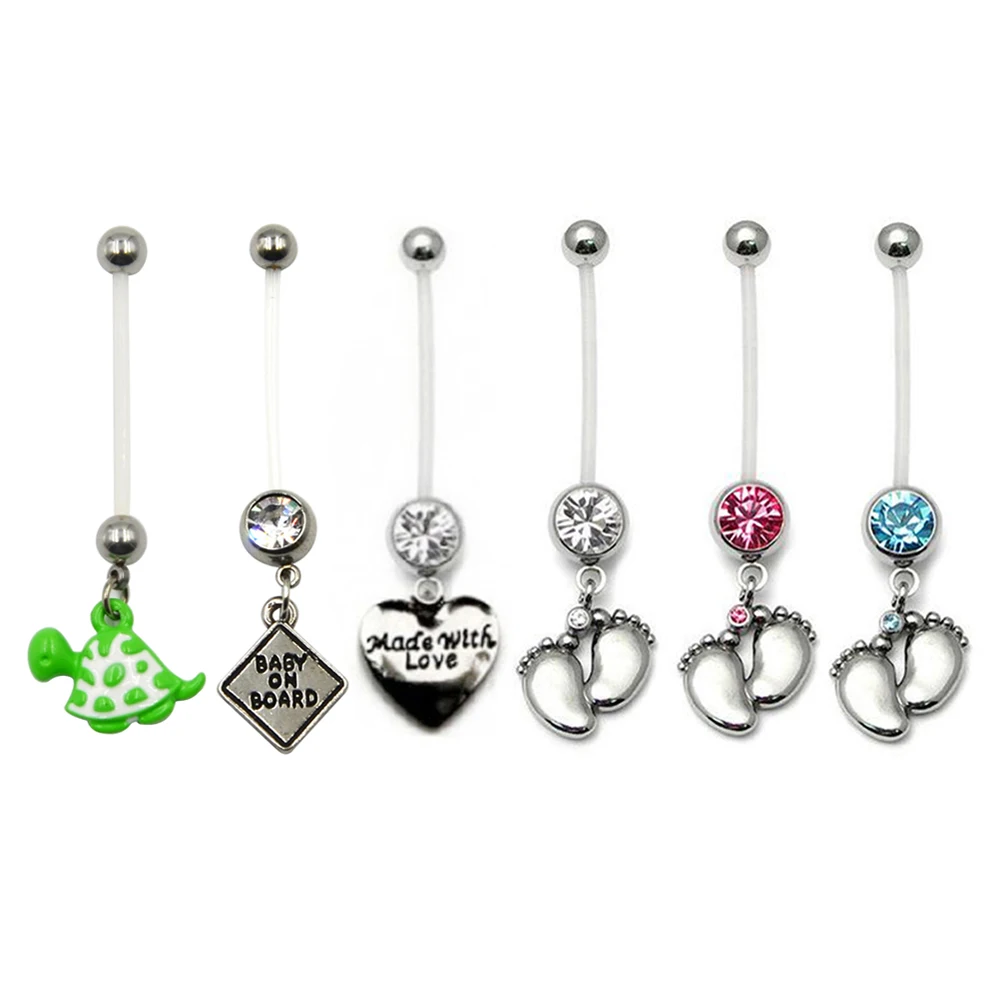 

6pieces BABY ON BOARD & Turtle Assorted Style Pregnancy Belly Navel Piercing Ring Flexible Bio-Plastic Body Button Jewelry 14g