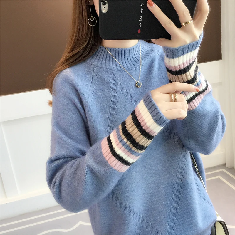 Goede 2019 Verse Truien vrouwen Nieuwe Gekleurde Mouw Half hoge Kraag Tonen Slanke en Lui Wind Gebreide Truien