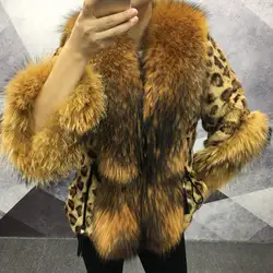 2018 новый натуральный мех зимние леопардовое пальто женская обувь высокого качества Модные с натуральным кроличьим мехом Куртка с большим