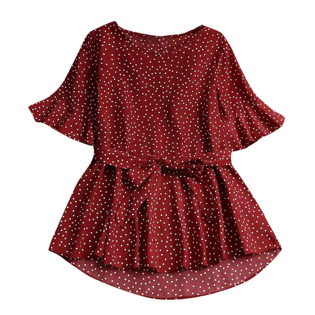 Новая модная женская блузка, повседневная, с круглым вырезом, в горошек, с поясом, женская элегантная одежда, блуза большого размера z0425 - Цвет: RD