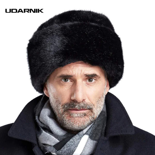 Mens Black Bomber Hat Luxury Faux Mink Fur Russian Cossack Fur Hats