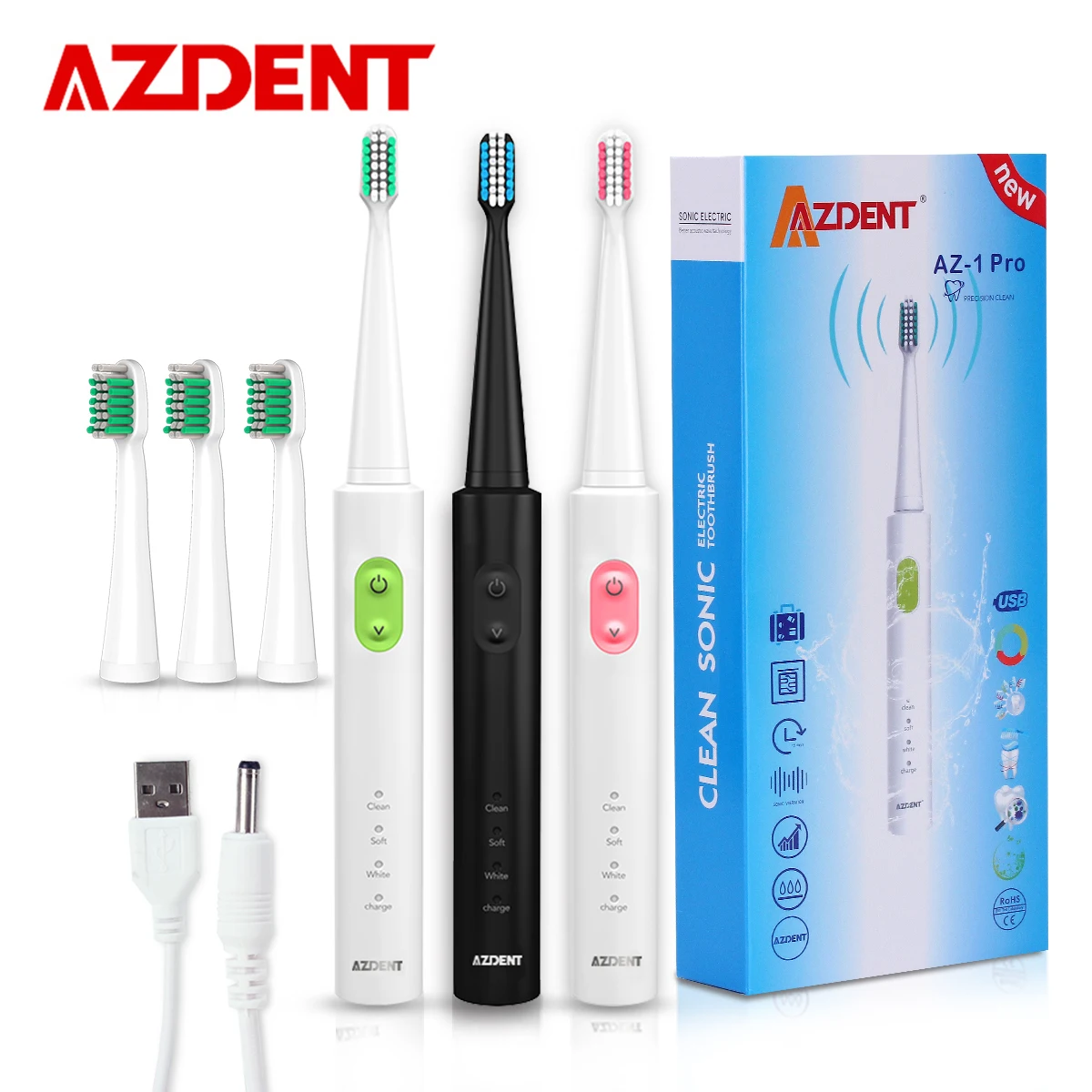 Azdent Новый AZ-1 Pro Sonic Электрические зубные щётки Перезаряжаемые USB зарядка 4 шт. сменных головок таймер зубов Кисточки Водонепроницаемый Azdent Новый AZ-1 Pro Sonic Электрические зубные щётки Перезаряжаемые USB зарядка 4 шт. сменных головок таймер зубов Кисточки Водонепроницаемый