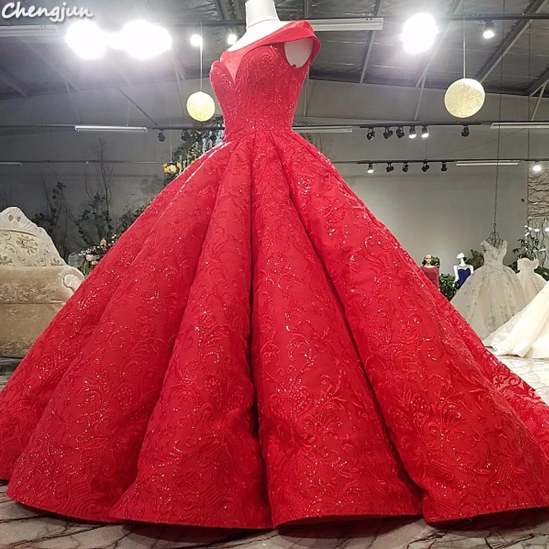 Chengjun Luxury Red Satin Beaded Appliques Ball Gown Wedding Dress | Свадьбы и торжества