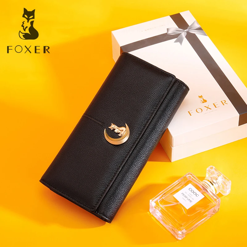 

FOXER Brand Women Genuine Cow Leather Long Wallet Ladies New Fashion Purse Wallets for Women High Quality Fashion Girls Purse