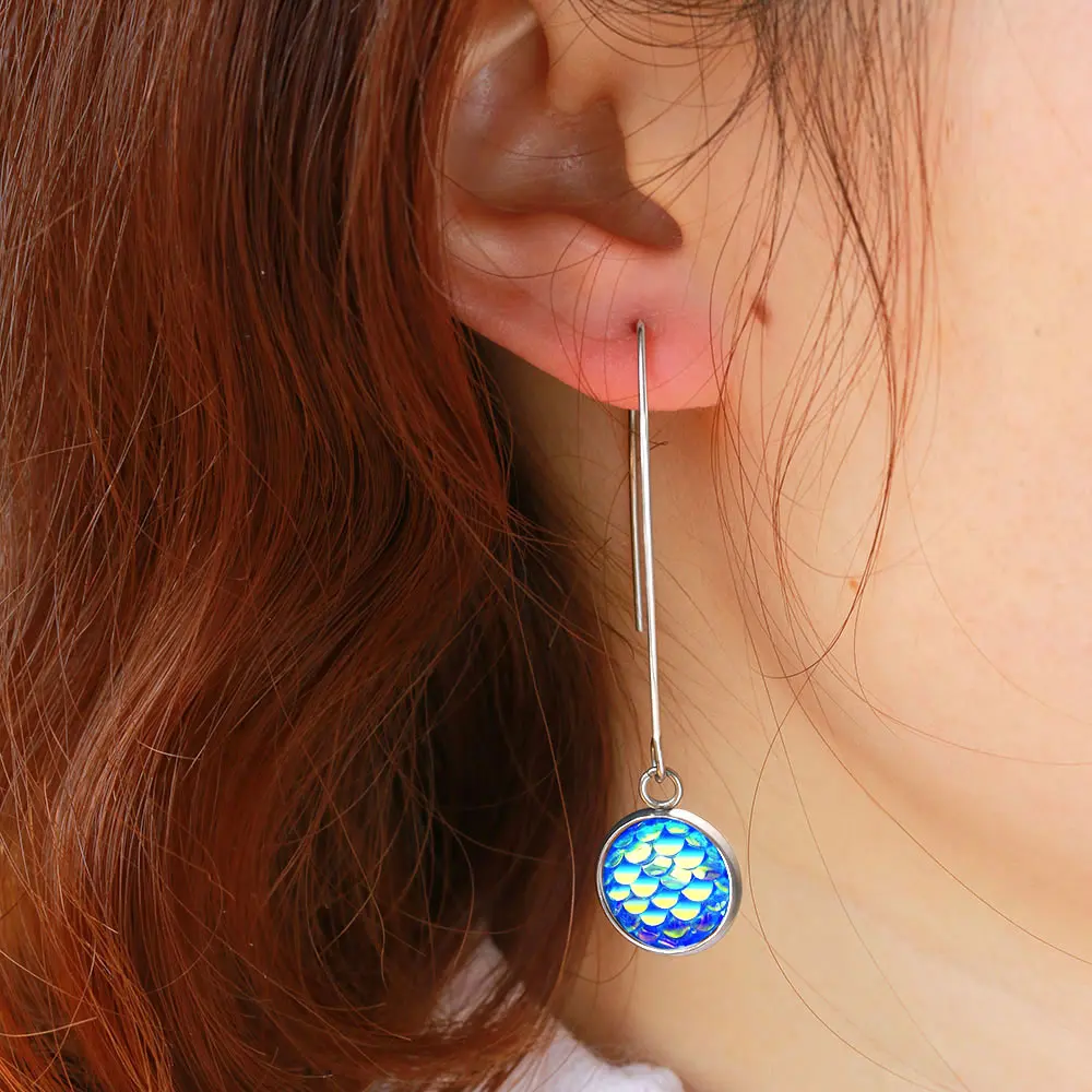 

Handmade Drusy Resin Mermaid Fish Scale Drop Earrings for Women Stainless Steel Big Hook Fashion Design Charm Earrings Wholesale