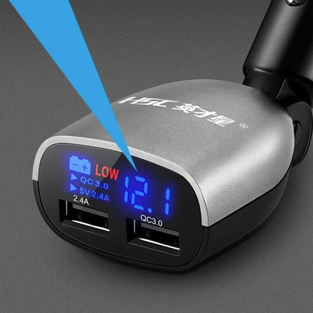 

HSC Automobiles 2USB Quick Charge Car Battery Voltage Monitoring Adjustable Angle Digital Display Screen Low Power Remind Device