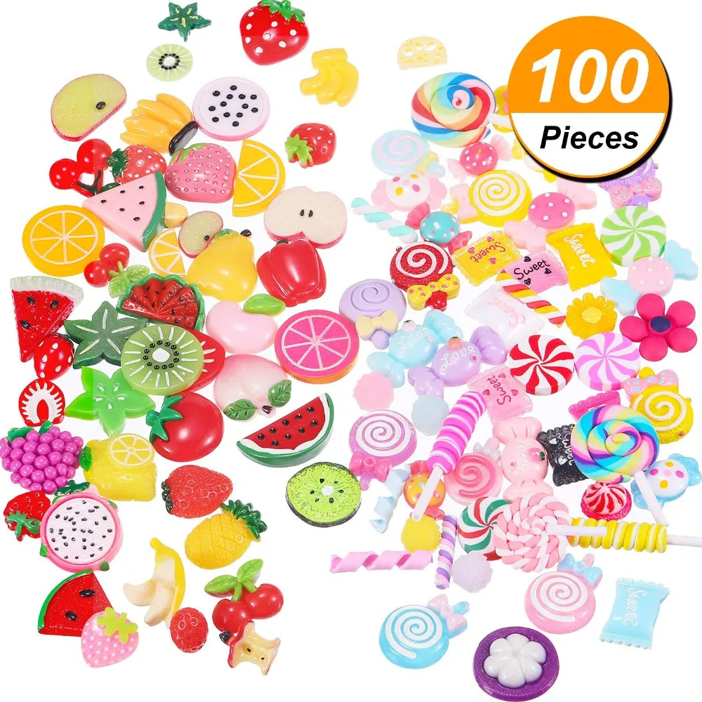 100 Pieces Slime Charms Mixed Fruits and Sweets Candy Slime Beads for ...