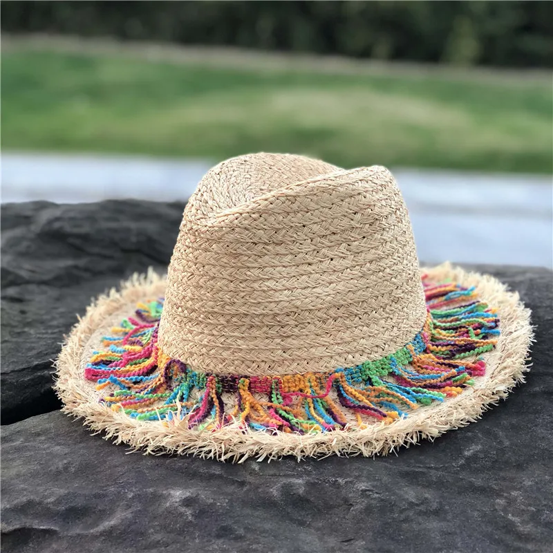 Женская Соломенная пляжная шляпа с лентами и кисточками|beach hat|fashion beach hatfashion sun hats |