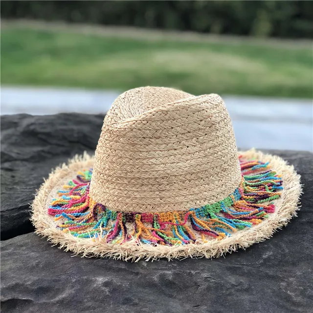 Coloerfull Tassel Ribbon Decorate Straw Hat Shading Sun Hat Lady Fashion Beach Hat Jazz Summer Hat for Woman
