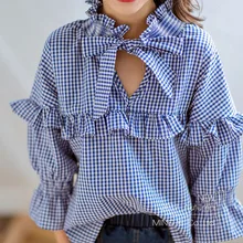 SexeMara Filles Vêtements 2017 Automne Nouvelle À Manches Longues Chemise Enfants Bleu Treillis Doux Blouse Fille T-shirt