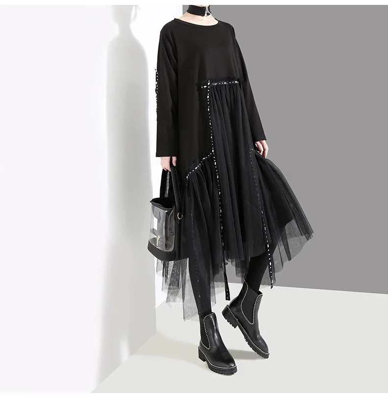 [EAM] женское черное асимметричное платье с сеткой, новинка, круглый вырез, длинный рукав, свободный крой, модный стиль, весна-осень, 1D757