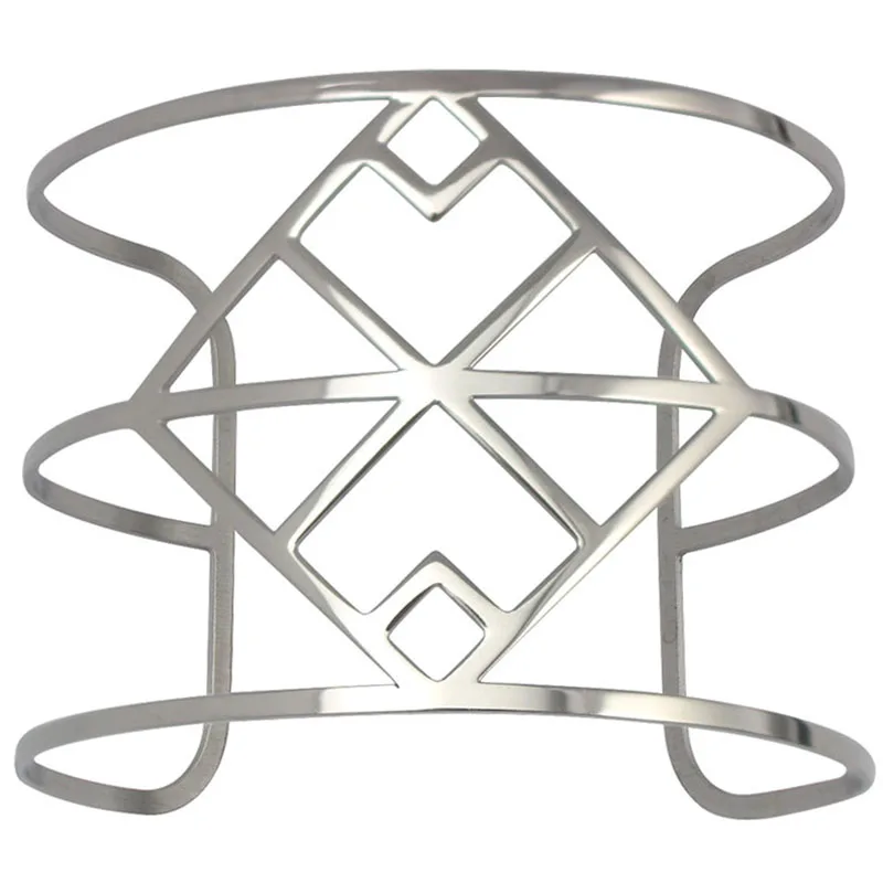 Серебристый цвет открыт полые широкие манжеты геометрический браслет Для женщин Нержавеющая сталь ювелирные изделия 35 мм Ширина цельнокроеное платье