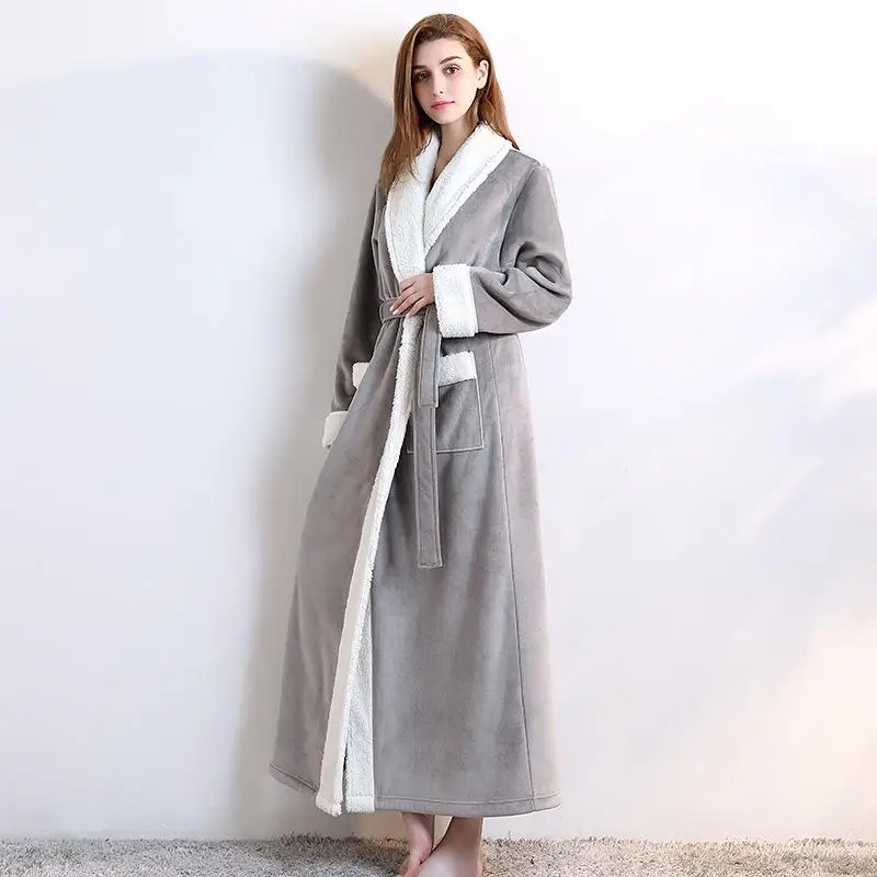 CEARPION зимняя фланелевая одежда для сна теплый халат длиной до щиколотки Femme длинные Халаты женские мягкие кимоно купальный халат домашнее платье - Цвет: Grey