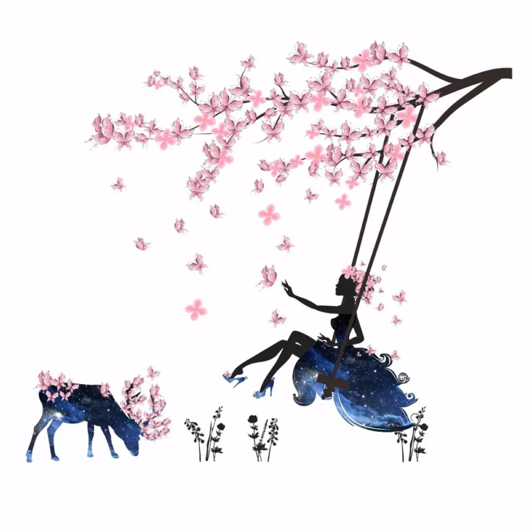 Beautiful Flower Fairy Tree Wall Sticker Decals Wing Moon Butterfly Girls room Decor Flower Fairy Sitting Vines Wall Decals Gift