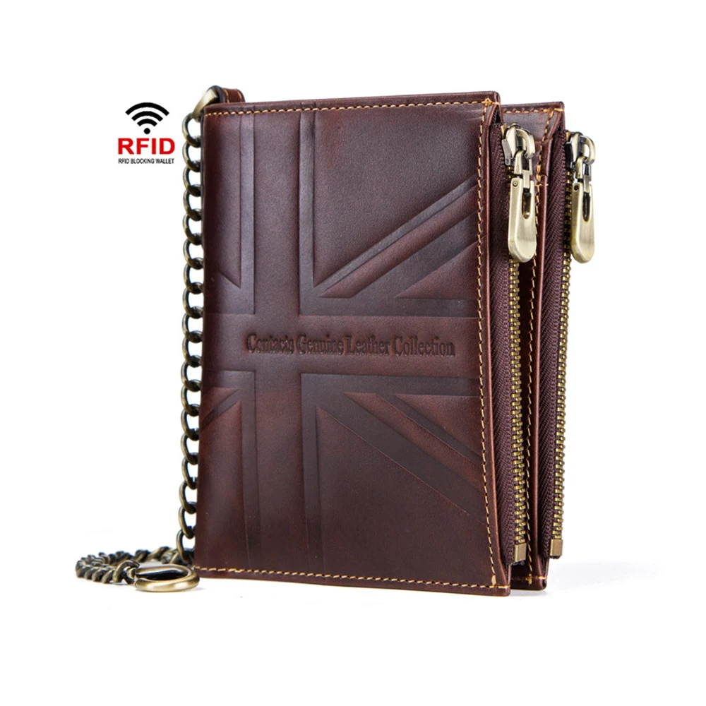 

Brand Luxury Imprint Pattern Men Wallet Zipper Cow Leather Male Wallet Multifunction Short Genuine Leather Wallet Pants Chain