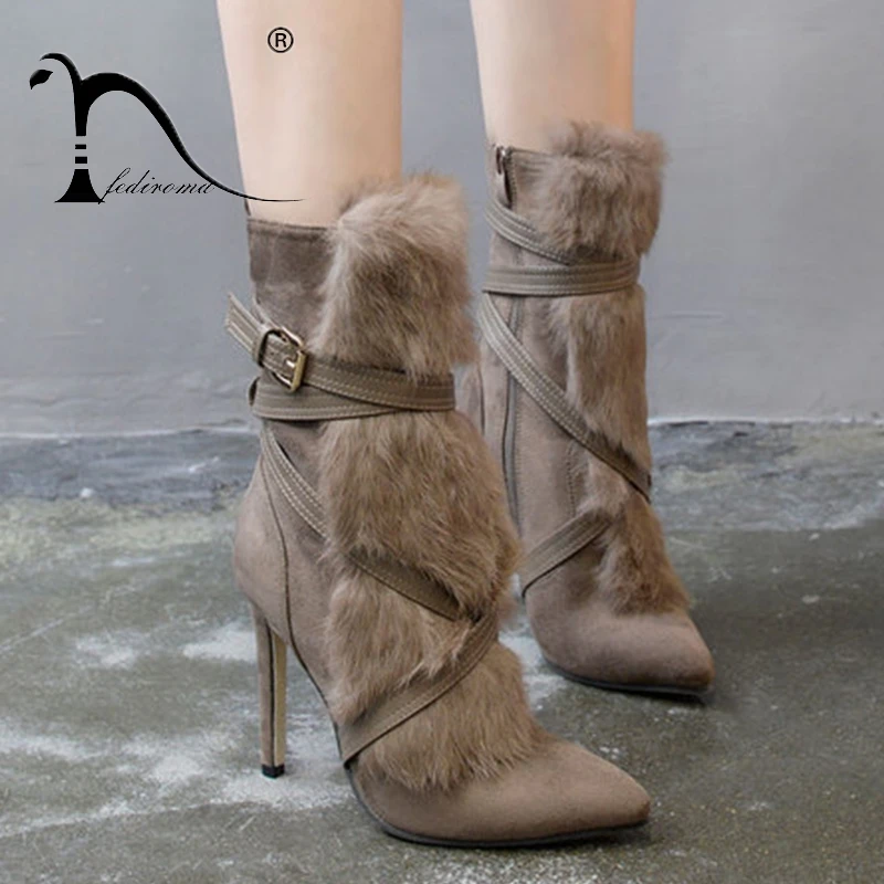 

FEDIROMA Winter Soft Rabbit fur Boots Women' shoes Fashion Pointed Toe Autumn Super High Heel Shoes for Woman High Heel Boots