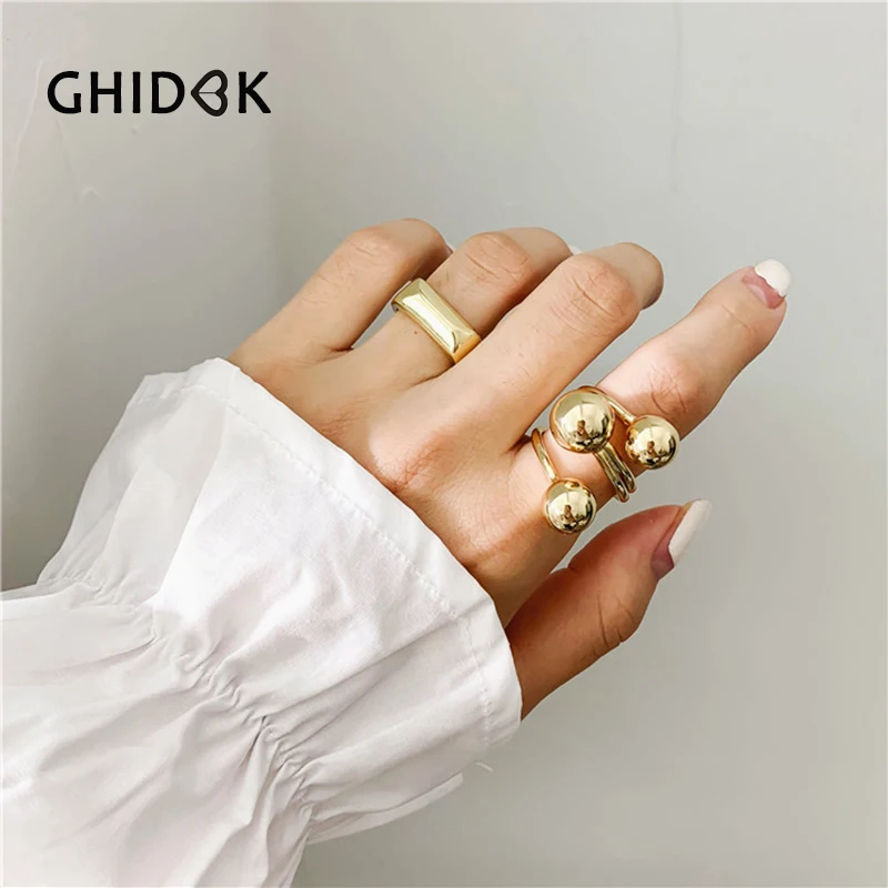 

GHIDBK Gold Silver Beads Ball Winding Open Rings for Women Geometric Modern Bold Rings Baroque Adjustable Ring Jewelry Gifts