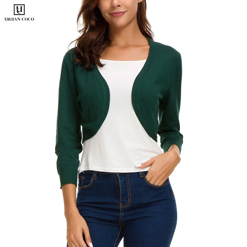 Urban CoCo женский укороченный кардиган с v-образным вырезом открытый стежок вязаный свитер 3/4 рукав - Цвет: Dark Green