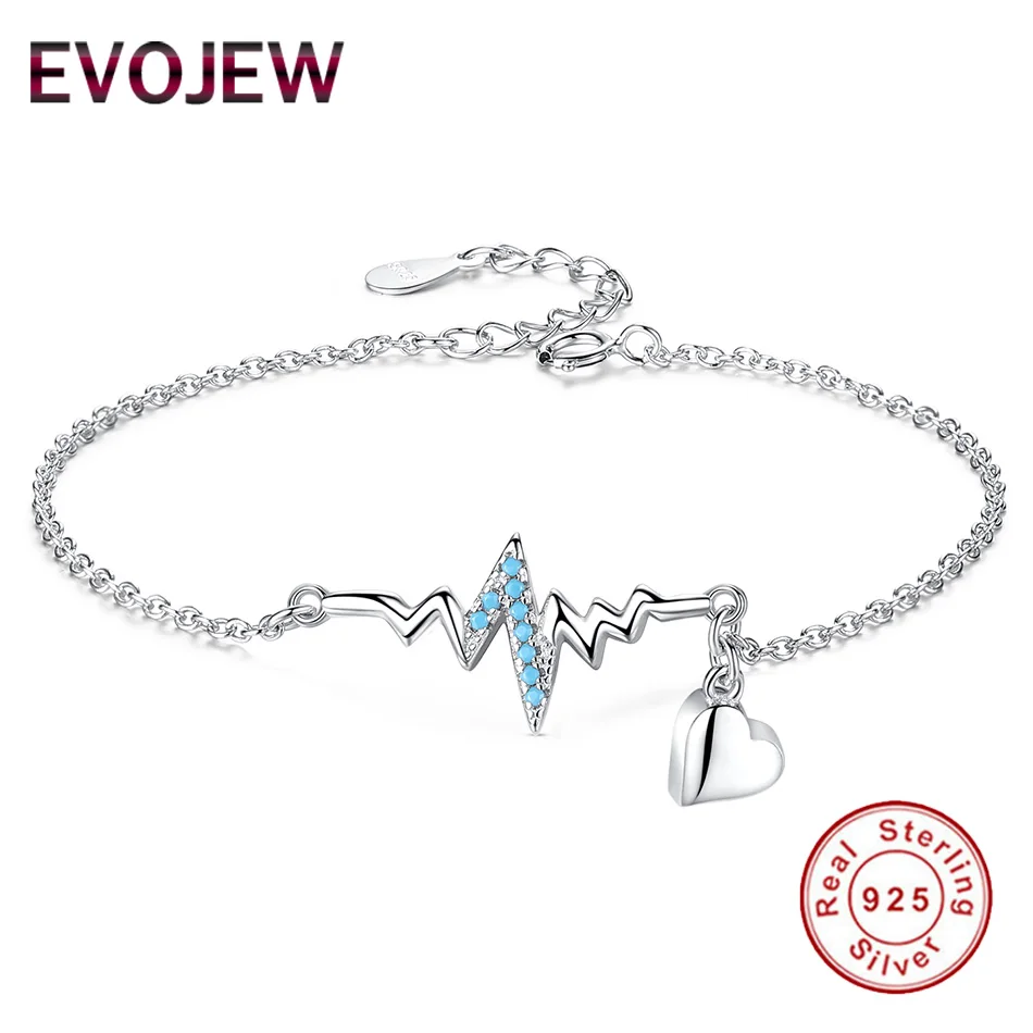 925 Sterling Silver ECG & Love Heart Bracelet Light Blue CZ Heartbeat