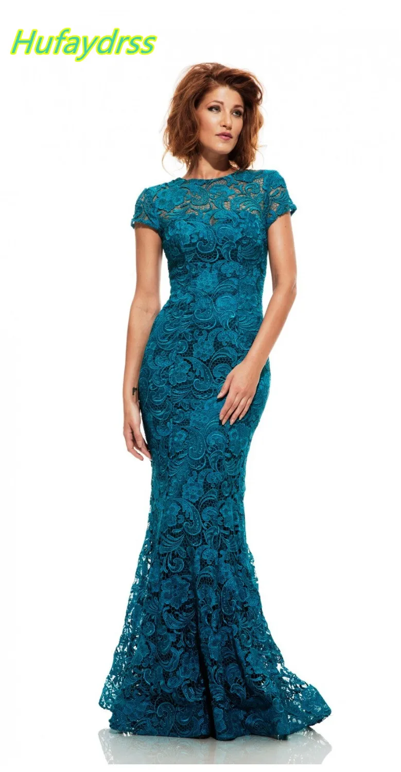 Turquoise Mother of the Bride Dress 2017 Short Sleeves Lace Mermaid