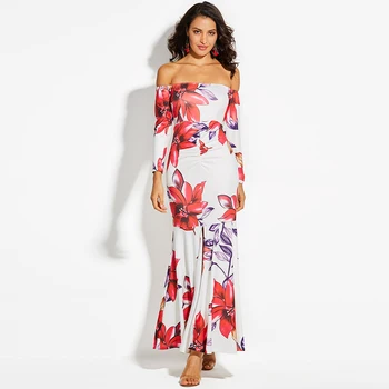 

Nice Women Bohemian Trumpet Dress Long Sleeve Slash Neck Ankle Length Dress Female Causal Dress Print Floral Mermaid Dresses