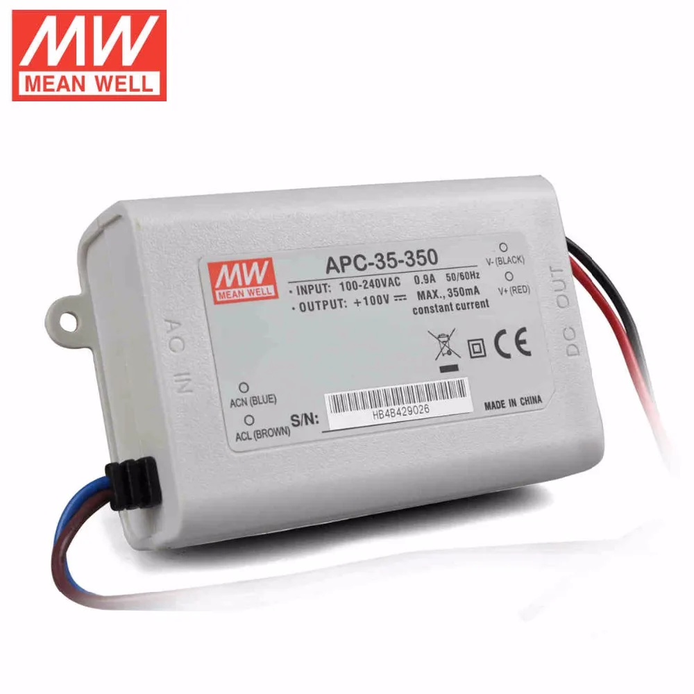 

Mean Well APC-35-350 35W 28~100V 350mA LED Waterproof Driver, Single Output Switching Power Supply