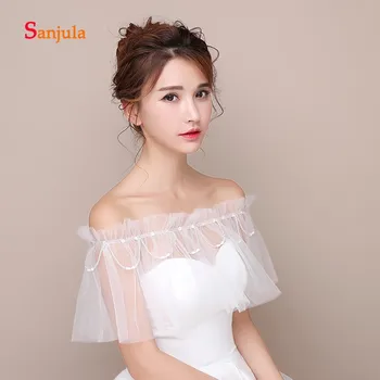 

Pleats Tulle Evening Wraps for Women Cute Short Boat Neck Bridal Bolero with Beading accessoires mariage femme W07