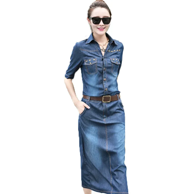 

Stylish Jeans Dress For Ladies Rivet Long Dress Denim Women Plus Size Dresses Dress Vintage Jeans