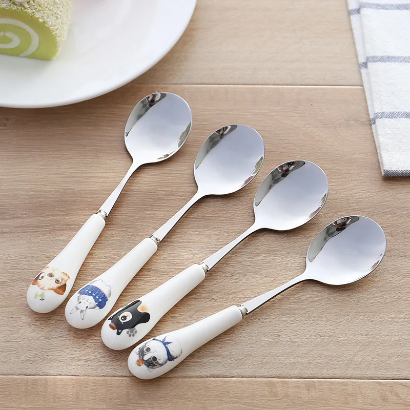 

Cartoon Stainless Steel Spoon Household White Ceramic Spoon Cute Dessert Spoon