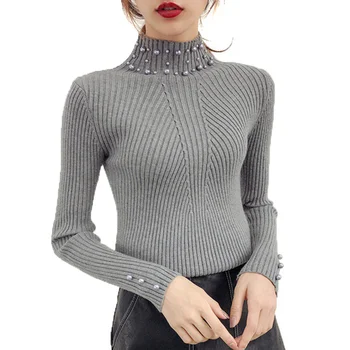 

Turtleneck Sweater Women Pearl Beading Knitted Sweater And Pullovers 2019 Autumn Winter Long Sleeve Slim Pullovers Pull Femme