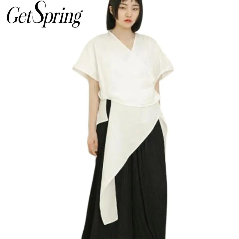 

GETSRING Women Shirt Irregular Short Sleeve V-Neck Bandage Cotton Womens Tops Blouses Asymmetry Black White Long Blouse 2019 New