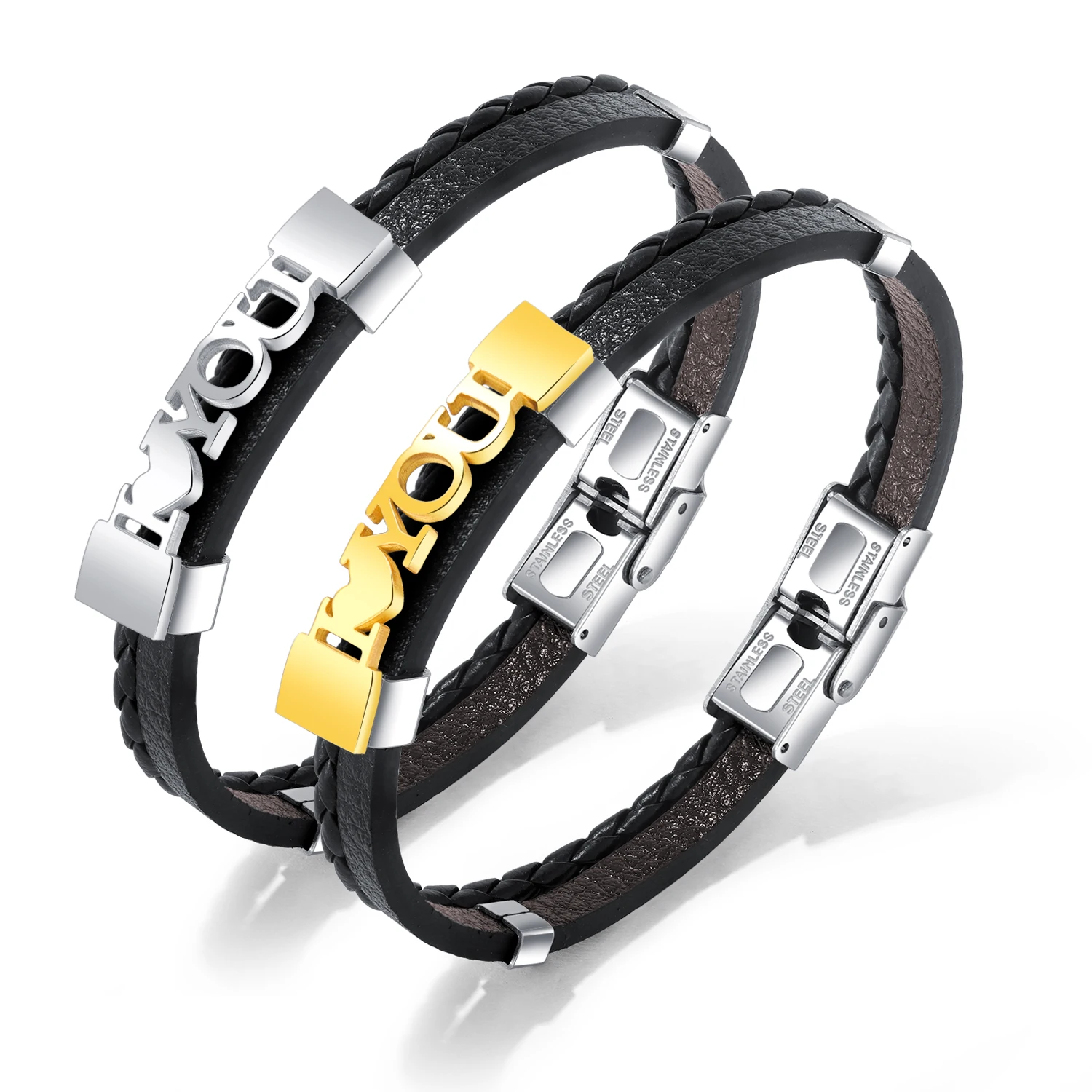 Simple ILOVEU letter Stainless Steel bracelets For Men Boy Hand knitting Fashion Leather multilayer Trendy jewelry cuff bangle | Украшения
