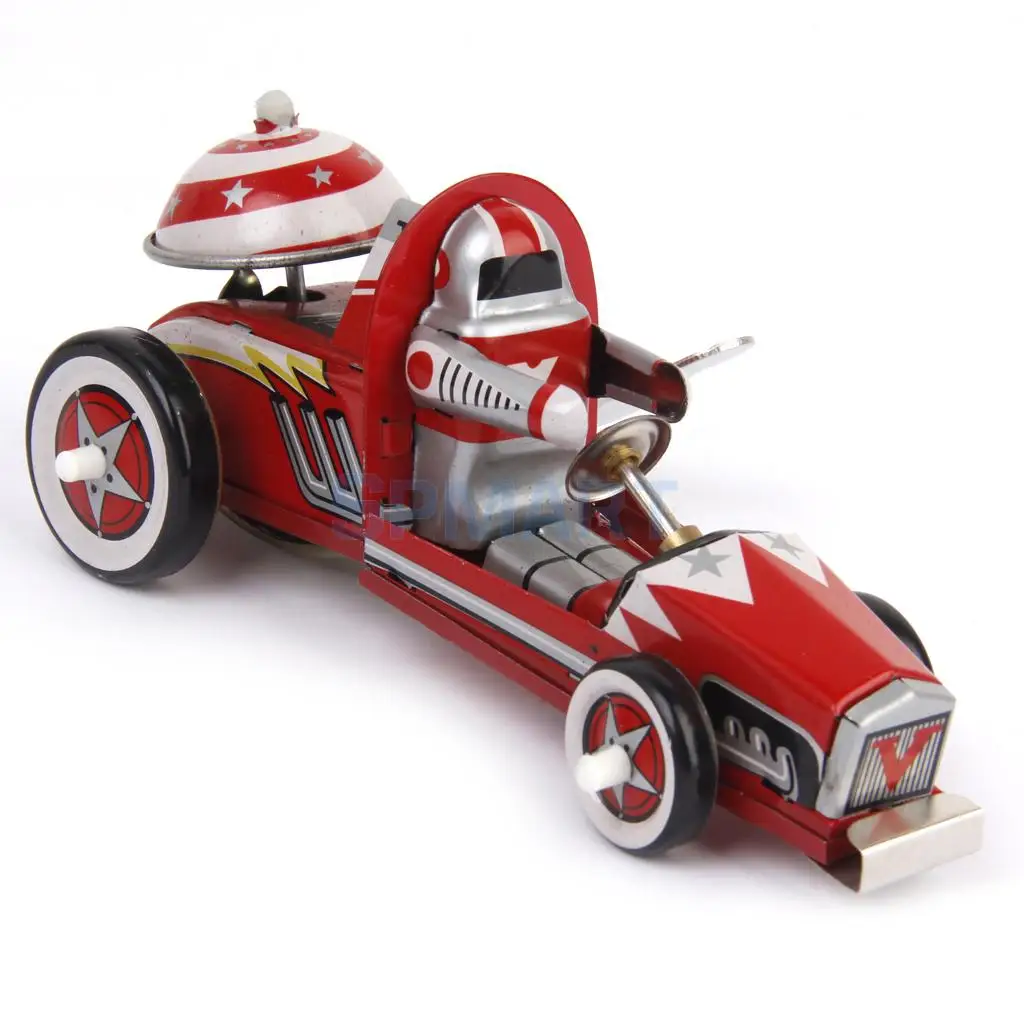 Vintage Wind Up Tin Toys Racing Race Car Racer Driver Clockwork Mechanical New 