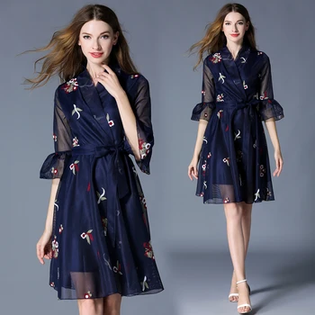 

Autumn New Dress Net Yarn Embroidery 3/4 Sleeve V Neck Dresses With Belt Floral Embroidery Blue Vestidos Women Party Clothing