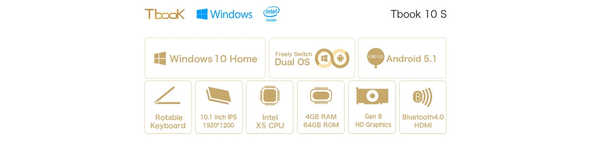 Teclast Tbook 10 S 2 in 1 Tablet PC 10.1 inch Windows 10 + Android 5.1 IPS Screen Intel Cherry Trail X5 Z8350 64bit Quad Core 1.44GHz 4GB RAM 64GB ROM Bluetooth 4.0