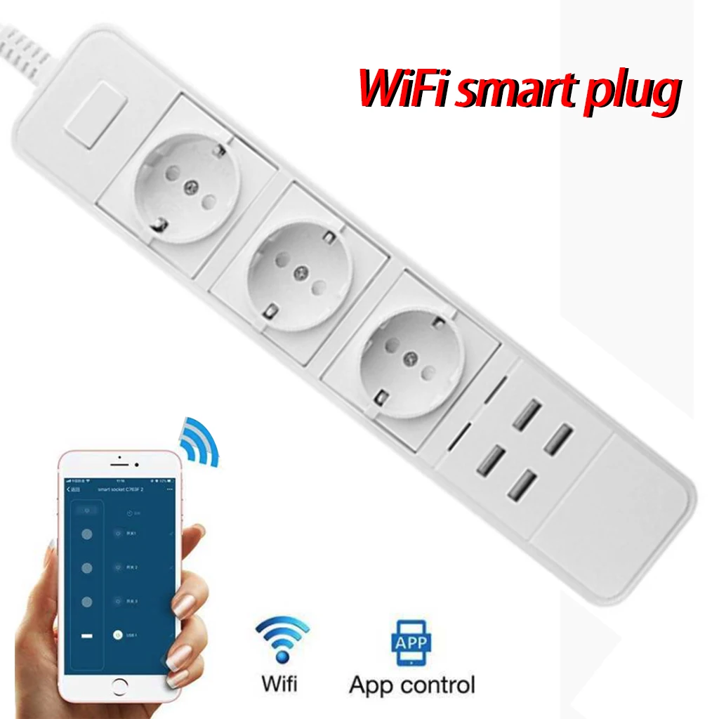 

Smart Power Strip Sockets EU UK Plug Overload Switch Surge Protector APP Control 4 Outlet 4 Port USB Charger 1.8M Extension Cord